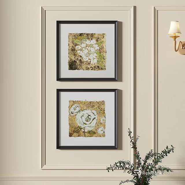 Abstract Paintings With Black Frames Gold White Floral Elements For Interior Wall Decor 3d model