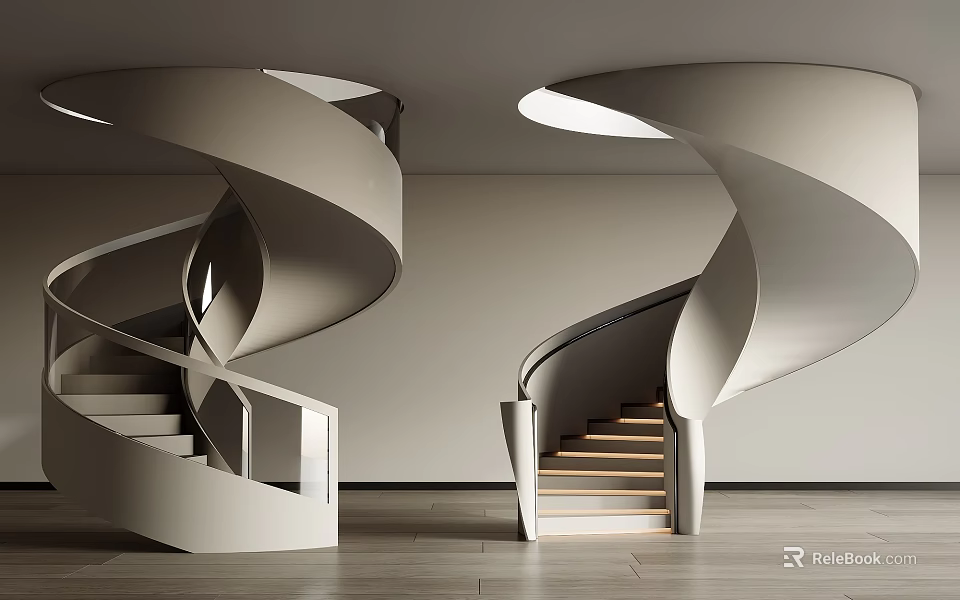 Modern Interior Featuring Dual Spiral Staircases Light Colored Design Wooden Steps And Round Ceiling Lights 3d model 