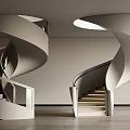 Modern Interior Featuring Dual Spiral Staircases Light Colored Design Wooden Steps And Round Ceiling Lights