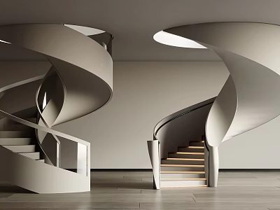 Modern Interior Featuring Dual Spiral Staircases Light Colored Design Wooden Steps And Round Ceiling Lights 3d model