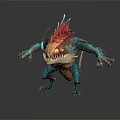 Fierce Game Movie Character With Blue Body Red Head Fins Glowing Eye Sharp Teeth And Claws