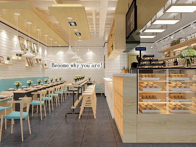 Warm Restaurant Interior With Wooden Tables Chairs Bakery Display Case And Framed 3d model