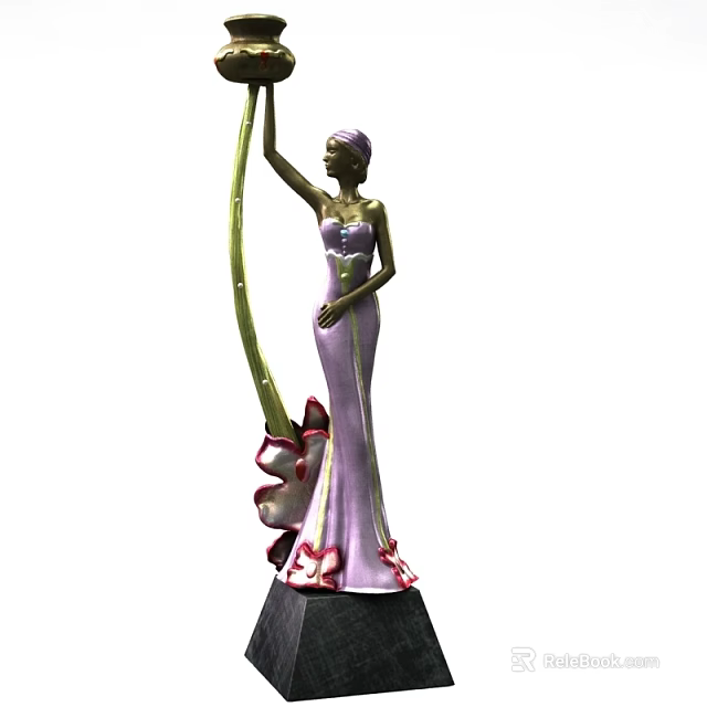 Artistic Female Sculpture Carving In Purple Dress Holding Green Curved Object With Base Decoration 3d model 
