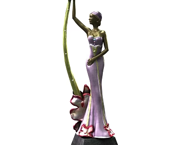 Artistic Female Sculpture Carving In Purple Dress Holding Green Curved Object With Base Decoration 3d model