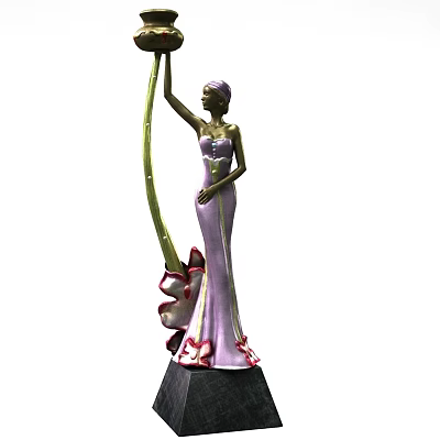 Artistic Female Sculpture Carving In Purple Dress Holding Green Curved Object With Base Decoration 3d model