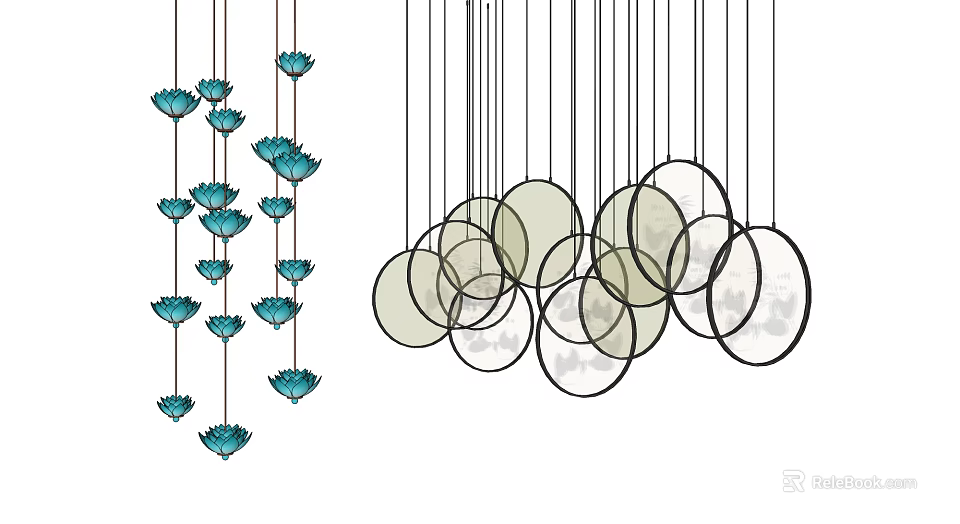 Blue Lotus Shaped Chandeliers And Circular Light Colored Pendant Lamps For Modern Interior Design 3d model 