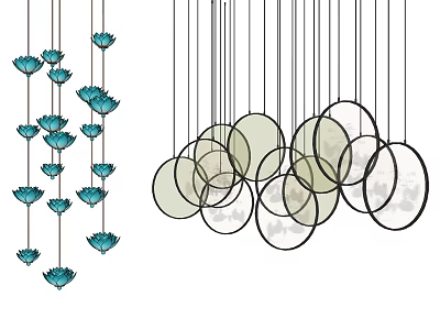 Blue Lotus Shaped Chandeliers And Circular Light Colored Pendant Lamps For Modern Interior Design 3d model