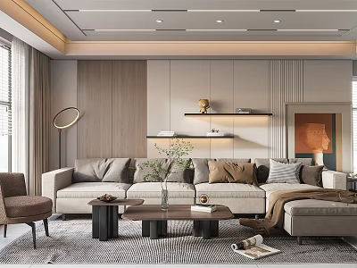 Modern Living Room Interior With Beige Sofa Coffee Table Floor Lamp And Shelf Decorations 3d model