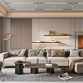 Modern Living Room Interior With Beige Sofa Coffee Table Floor Lamp And Shelf Decorations