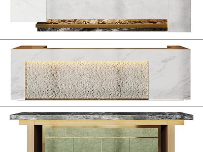Stylish Reception Desk Design Featuring Marble Countertop Wooden Frame And Textured Wall 3d model