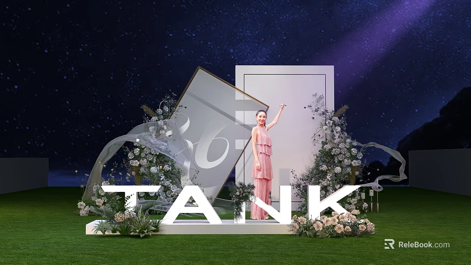 Elegant Car Showroom with Starry Sky Backdrop Floral Decorations Green Lawn and TANK 3d model 
