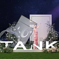 Elegant Car Showroom with Starry Sky Backdrop Floral Decorations Green Lawn and TANK