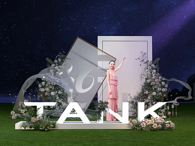 Elegant Car Showroom with Starry Sky Backdrop Floral Decorations Green Lawn and TANK 3d model