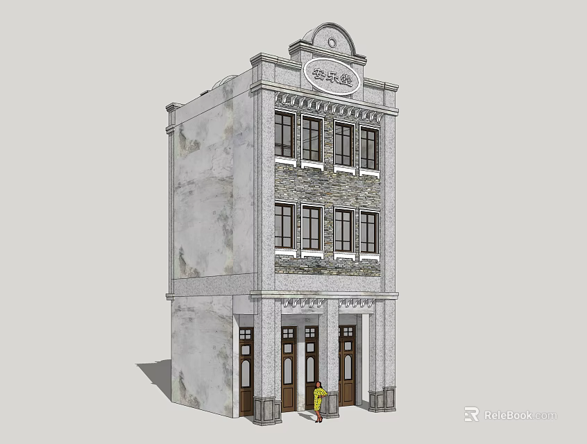 Vintage Style Three Story Commercial Complex With Arched Top Gray Facade And Entrance 3d model 
