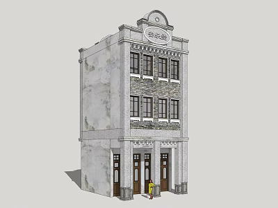Vintage Style Three Story Commercial Complex With Arched Top Gray Facade And Entrance 3d model