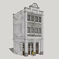 Vintage Style Three Story Commercial Complex With Arched Top Gray Facade And Entrance