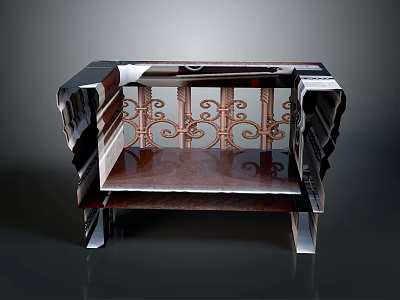 Artistic Wooden Bench Design With Intricate Metal Scrollwork And Elegant Structure 3d model