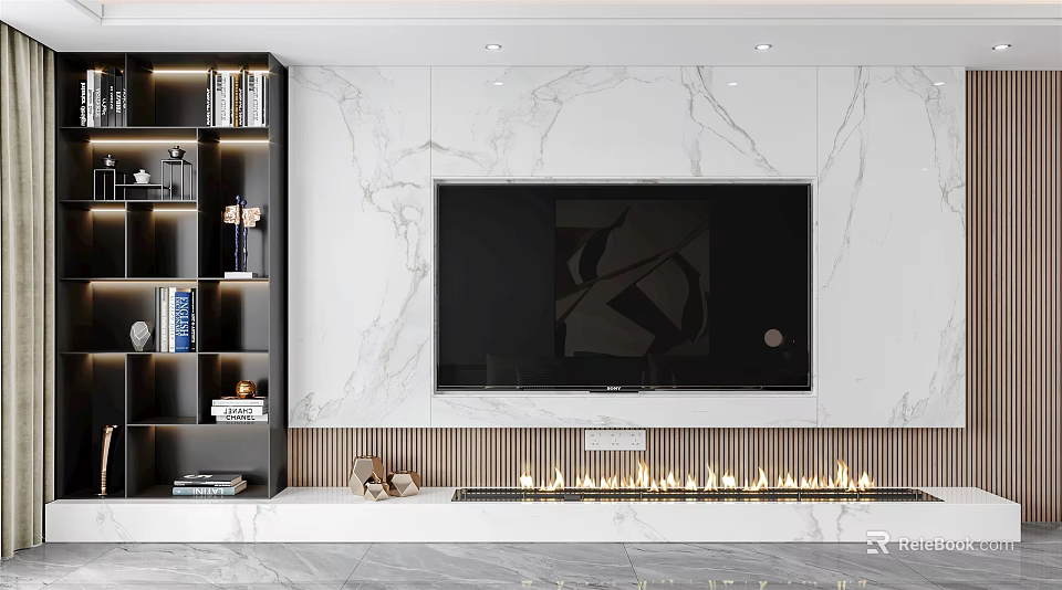 Modern TV Wall Design with Marble Panels Bookshelf and Fireplace Feature 3d model