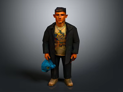 Man wearing black coat and graphic t-shirt holding blue bag standing against gray background 3d model