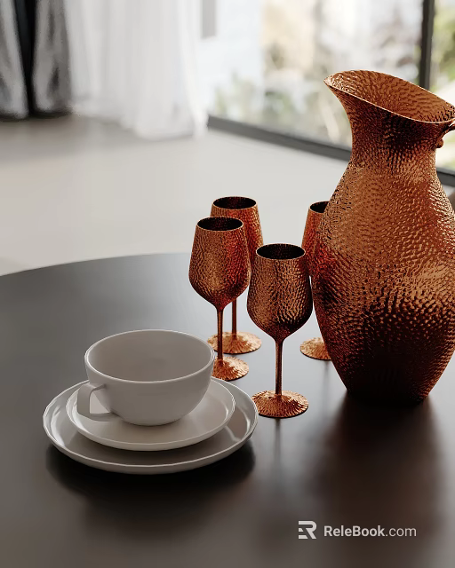 Textured Copper Pitcher And Goblets With White Cup On Black Table 3d model 