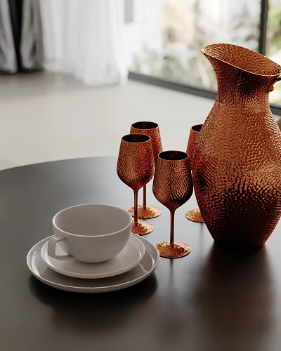 Textured Copper Pitcher And Goblets With White Cup On Black Table 3d model