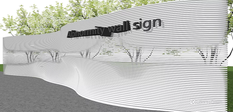 Abnormity Design Curved White Striped Landscape Wall With Greenery And Trees 3d model 