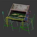 Blue Silver Metal Grill With Grilled Meat And Green Yellow Rope Chairs