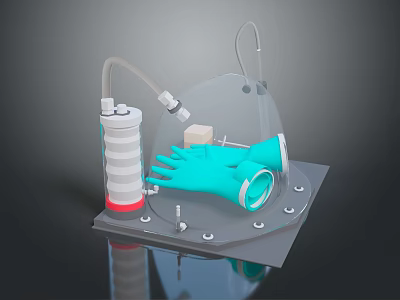 Laboratory Glove Box Setup With Transparent Enclosure Green Gloves And Connecting Pipes On Base Platform 3d model