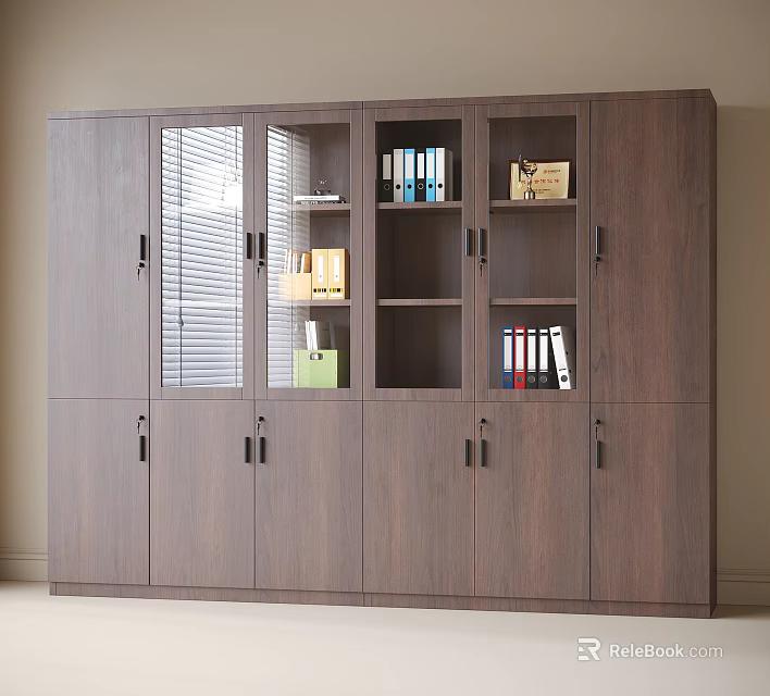 Brown Wooden Storage Cabinet With Glass Doors Folders And Books 3d model 