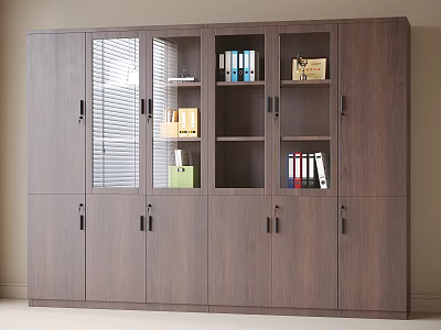 Brown Wooden Storage Cabinet With Glass Doors Folders And Books 3d model