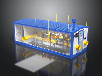 Industrial Machine Model With Blue Casing Transparent Panels Yellow Pipes And Internal Components 3d model