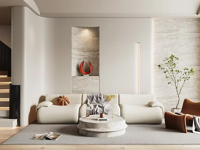 Modern Living Room Interior With Cream Sofa Round Stone Coffee Table Gray Rug And Green Plant 3d model