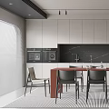 Modern Restaurant Kitchen with White Cabinets Black Countertop Red Dining Table and Chairs