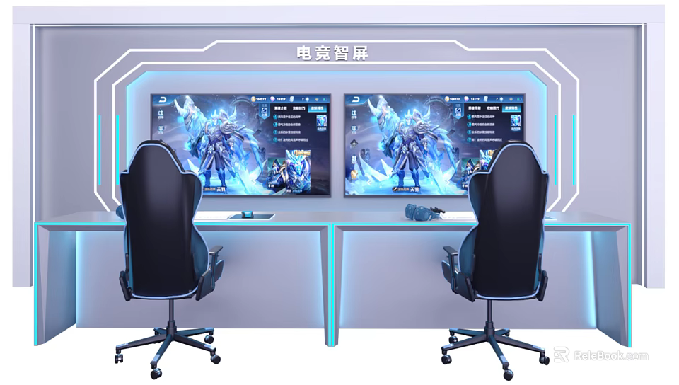 Gaming Desk with Dual Screens Gaming Chairs and LED Lighting for Esports Setup 3d model 