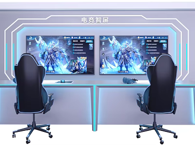 Gaming Desk with Dual Screens Gaming Chairs and LED Lighting for Esports Setup 3d model