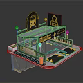 Subway Station Entrance Structure With Green Railings Yellow Signs And Lamp Posts