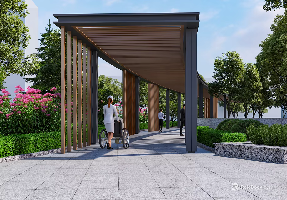 Modern Pergola Design With Wooden Beams Greenery And Pedestrians On Stone Walkway 3d model 