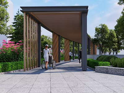 Modern Pergola Design With Wooden Beams Greenery And Pedestrians On Stone Walkway 3d model