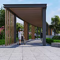 Modern Pergola Design With Wooden Beams Greenery And Pedestrians On Stone Walkway