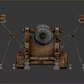 Medieval Cannon Weapon Featuring Silver Metal Barrel Wooden Carriage With Wheels And Chains