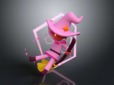 Pink Witch Character Flying On Broomstick With Stars And Geometric Shapes 3d model