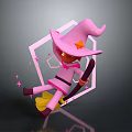 Pink Witch Character Flying On Broomstick With Stars And Geometric Shapes