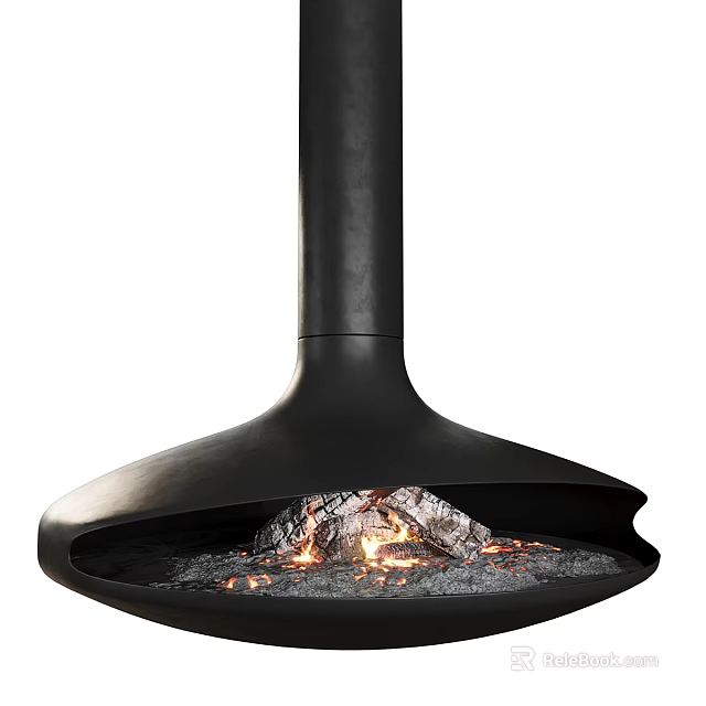 Sleek Modern Black Fireplace Design With Burning Logs And Flames 3d model 
