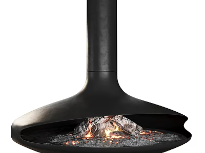 Sleek Modern Black Fireplace Design With Burning Logs And Flames 3d model
