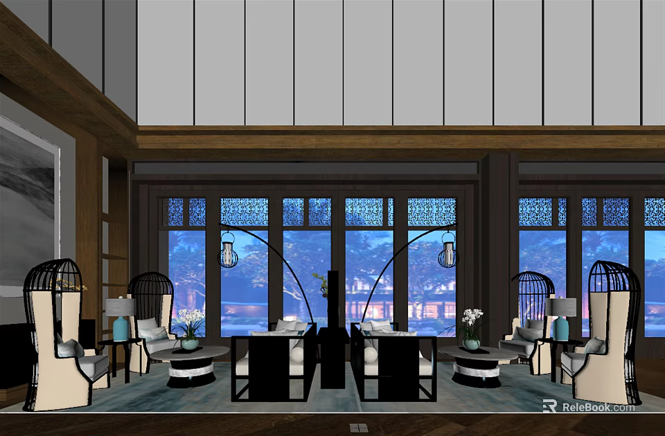 Hotel Public Lounge Interior Design With Large Windows Traditional Decor And Comfortable Seating 3d model 