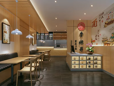 Modern Chinese Noodle Restaurant Interior With Wooden Decor Dining Tables And Pendant Lights 3d model