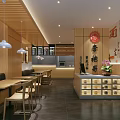 Modern Chinese Noodle Restaurant Interior With Wooden Decor Dining Tables And Pendant Lights