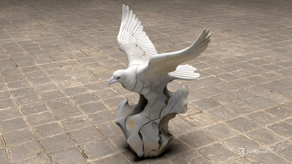 White Stone Eagle Sculpture with Spread Wings on Rock Base and Stone Pavement 3d model 