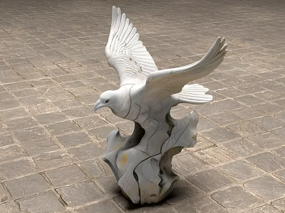 White Stone Eagle Sculpture with Spread Wings on Rock Base and Stone Pavement 3d model