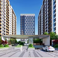 Tall Modern Buildings With Green Lawn And People Activities Under Blue Sky